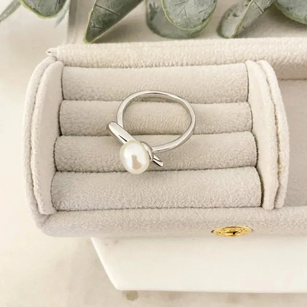 925 Sterling Silver Bar Ring Pearl Ring Pearl Bar Ring Minimalist Dainty Ring - Picture 7 of 8